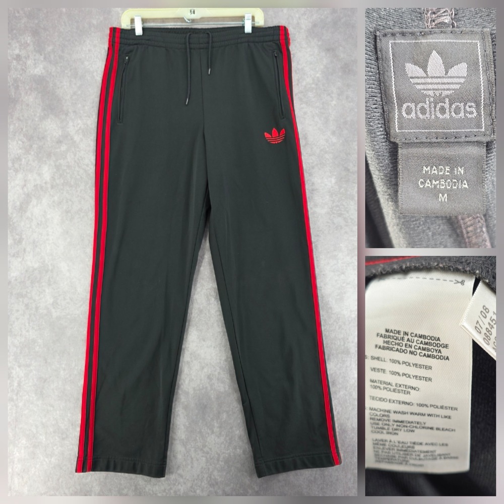 Adidas Originals Mens Track Pants Black Red 3-Stripe Trefoil Zip Ankle Athletic